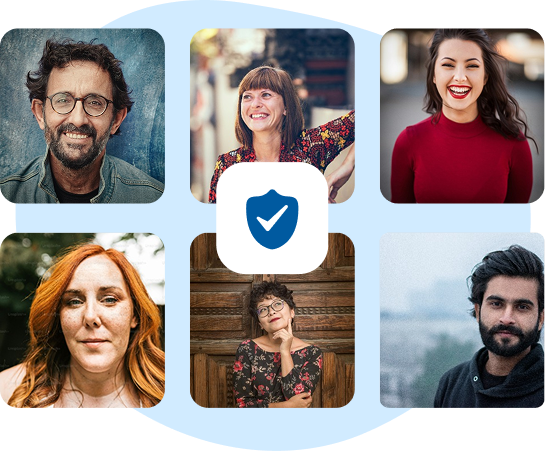 Menschen-Porträts mit Sicherheits-Symbol für vertrauenswürdiges Online-Shopping mit Käuferschutz