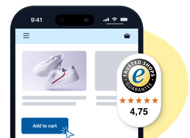 Smartphone mit Online-Shop-Ansicht und Trusted Shops Gütesiegel mit Bewertung