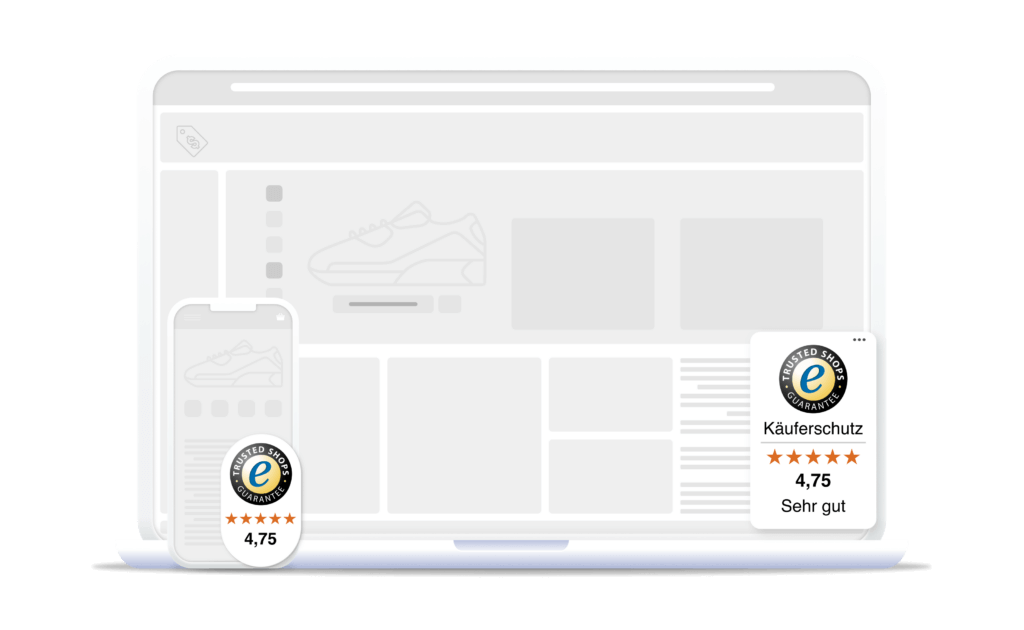 Auf einem Beispielshop wird auf einem Laptop und einem Smartphone Screen das Trustbadge von Trusted Shops exemplarisch dargestellt.