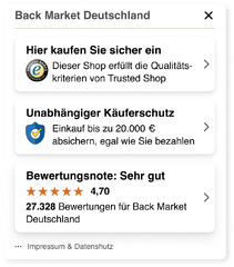 Das ausgeklappte Trustbadge mit weiteren Informationen zum Shop.